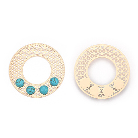 Brass Pendants, with Synthetic Turquoise, Round Ring Charm