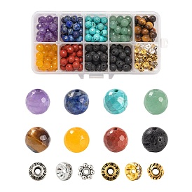 285 pcs 14 perles de pierres précieuses rondes à facettes mélangées naturelles de style, avec des perles d'espacement en alliage et en laiton, chakra, rondelle & bicone & fleur