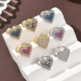 Кольца-манжеты в форме сердца из латуни с микропаве из кубического циркония для женщин, без кадмия и без свинца, стойки покрытие, настоящий 18k позолоченный/платиновый