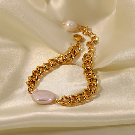 Vintage Pearl Cuban Metal Bracelet for Women - Simple and Fashionable Stainless Steel Cuban Link Bracelet