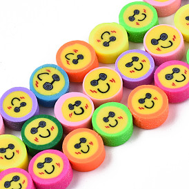 Handmade Polymer Clay Beads Strands, Flat Round with Smiling Face