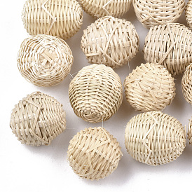 Handmade Reed Cane/Rattan Woven Beads, For Making Straw Earrings and Necklaces, No Hole/Undrilled, Round