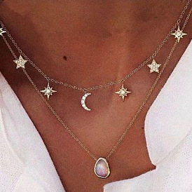 Minimalist Double Layer Necklace with Star and Moon Charms, Crystal Inlaid Oval Gemstone Choker for Women