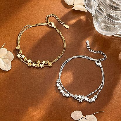 Brass Star Grooved Round Beaded 2-strand Bracelets for Women