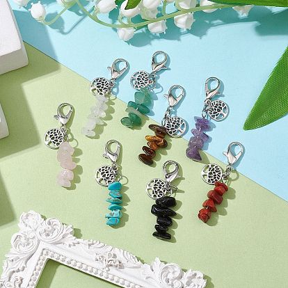 Synthetic & Natural Mixed Gemstone Chip Pendant Decorations, Tree of Life Tibetan Style Alloy and Lobster Claw Clasps Charm