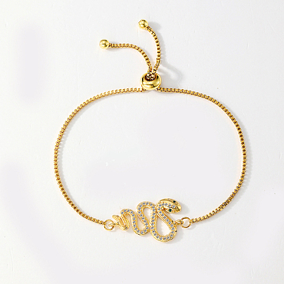 Snake/Butterfly Link Brass Micro Pave Cubic Zirconia Slider Bracelets, Box Chain Bracelets for Women, Real 18K Gold Plated