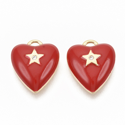 Латунные микропаве прозрачные кубические циркониевые подвески, с эмалью, без никеля , реальный 18 k позолоченный, Сердце звездочкой