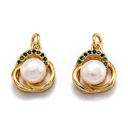 Brass Micro Pave Cubic Zirconia Pendants, Long-Lasting Plated, with Natural Pearls
