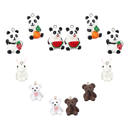 12Pcs 6 Style Resin Pendants, with Iron Loops, Bear & 3D Panda with Watermelon & 3D Panda with Strawberry & 3D Panda with Pineapple & 3D Panda with Pineapple & 3D Rabbit