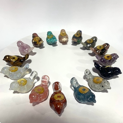 Resin Birds with Metal Coins Figurine Home Decoration, with Natural & Synthetic Mixed Gemstone Chips Inside Display Decorations