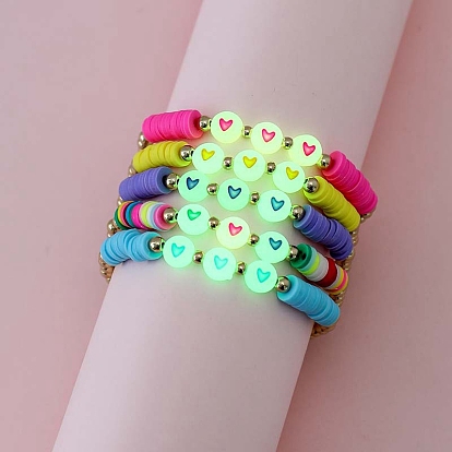 5Pcs Luminous Acrylic Heart & Plastic & Polymer Clay Heishi Stretch Bracelets Set, Preppy Bracelets for Kids