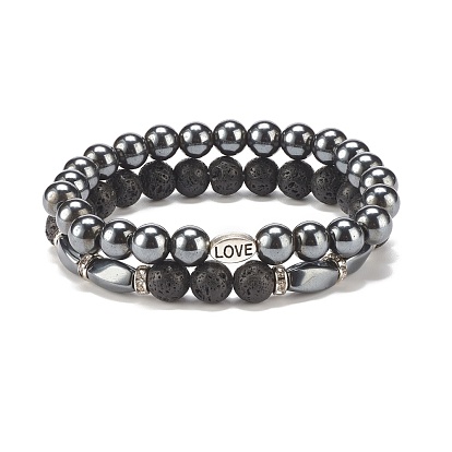 2Pcs 2 Style Natural Lava Rock & Synthetic Hematite Stretch Bracelets Set with Word Love Brass Beads, Essential Oil Gemstone Jewelry for Women
