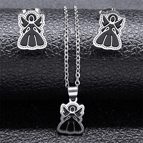 201 комплект из серег-гвоздиков и ожерелья с подвеской в виде ангела из нержавеющей стали для женщин