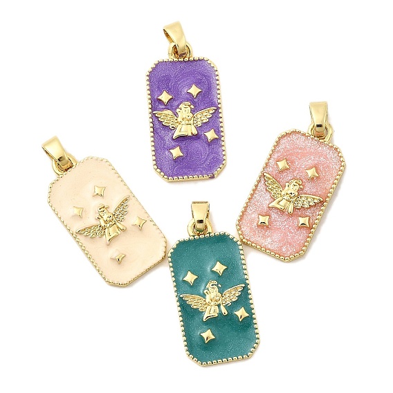 Латунь эмаль подвески, Прямоугольник с ангелом, стойки покрытие, долговечный, без кадмия и без свинца, золотые