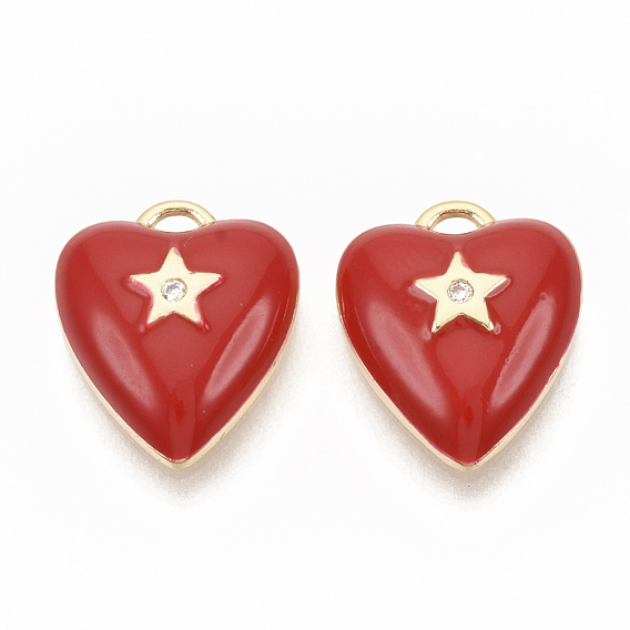 Латунные микропаве прозрачные кубические циркониевые подвески, с эмалью, без никеля , реальный 18 k позолоченный, Сердце звездочкой