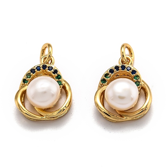 Brass Micro Pave Cubic Zirconia Pendants, Long-Lasting Plated, with Natural Pearls