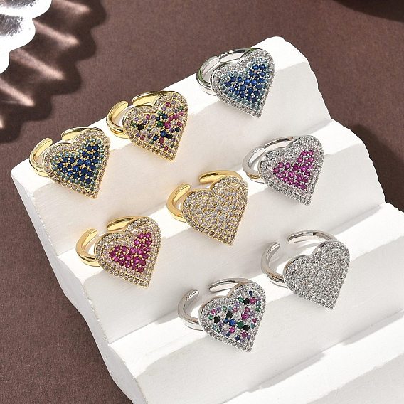 Кольца-манжеты в форме сердца из латуни с микропаве из кубического циркония для женщин, без кадмия и без свинца, стойки покрытие, настоящий 18k позолоченный/платиновый