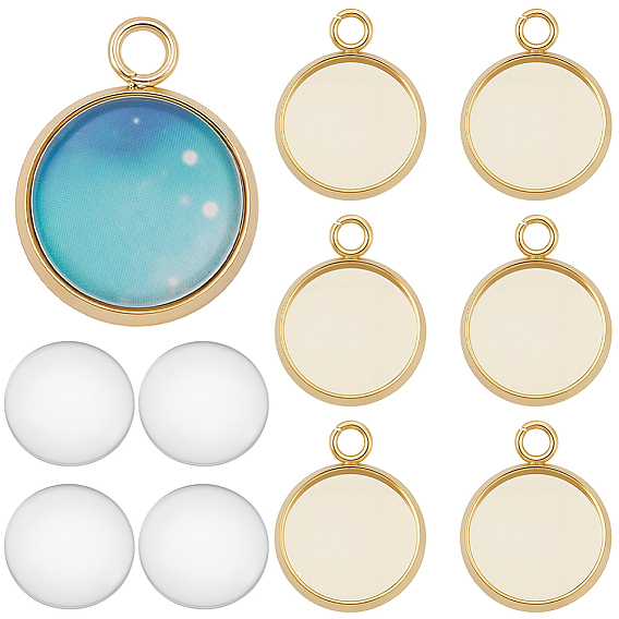 Комплекты кулонов своими руками, в том числе 304 подвеска из нержавеющей стали с кабошоном, чашки безель с краями, плоско-круглые, с прозрачными стеклянными кабошонами