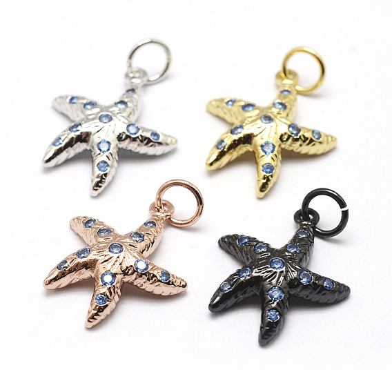 Brass Micro Pave Grade AAA Cubic Zirconia Pendants, Starfish/Sea Stars, Lead Free & Nickel Free & Cadmium Free