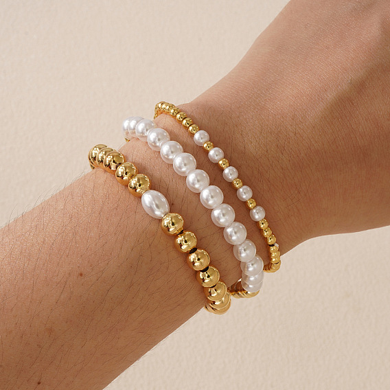 3шт. 3 Браслеты из латуни и пластика с круглыми бусинами, имитирующими жемчуг, эластичные, для женщин