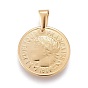 304 Stainless Steel Coin Pendants, Flat Round with Marianne and Word Republique Francaise