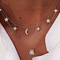 Minimalist Double Layer Necklace with Star and Moon Charms, Crystal Inlaid Oval Gemstone Choker for Women