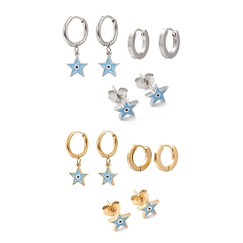 3 Pairs 3 Style Enamel Star with Evil Eye Dangle Hoop Earrings, 304 Stainless Steel Stud Earrings for Women