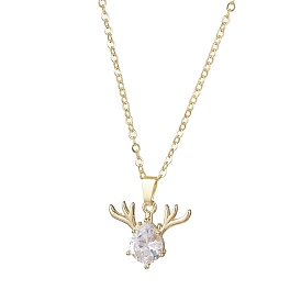Christmas Deer Head Glass Pendant Necklaces, Brass Cable Chain Necklaces for Women