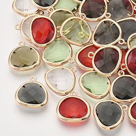 Faceted Glass Pendants, with Golden Tone Brass Open Back Settings, Oval