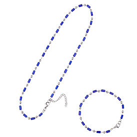 Ensembles de bracelets et colliers en acier inoxydable unicraftale 304, avec des perles de verre rectangulaires et des fermoirs à pince de homard, bleu