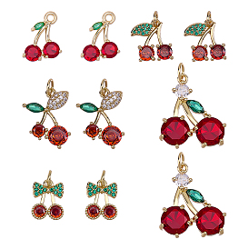 8Pcs 4 Styles Brass Micro Pave Cubic Zirconia Pendants, Cherry Charms
