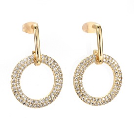 Brass Micro Pave Clear Cubic Zirconia Dangle Stud Earrings, with Ear Nuts, Ring