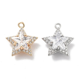 Brass Micro Pave Clear Cubic Zirconia Pendants, with Glass, Star Charm