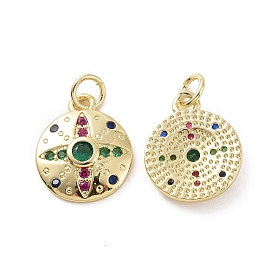 Brass Micro Pave Cubic Zirconia Pendants, with Jump Ring, Flat Round with Star Charm