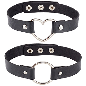 2Pcs 2 Styles Punk Rock Style PU Leather Necklaces, with Alloy Ring and Heart Findings, Platinum