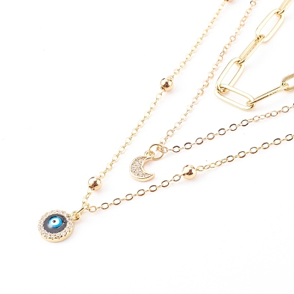 Brass Micro Pave Clear Cubic Zirconia Pendant Necklaces & Paperclip Chain Necklaces Set, with Enamel, Evil Eye & Moon