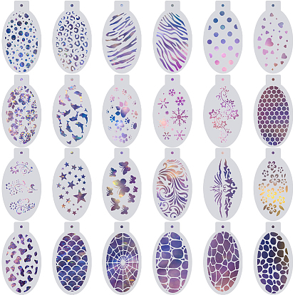 24pcs 24 styles pochoirs de peinture de dessin de visage creux en plastique modèles, ovale avec motif de fleurs, de poissons et de papillons