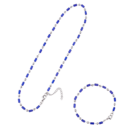 304 Conjuntos de pulseras y collares de cuentas de acero inoxidable, con cuentas de vidrio rectangulares y broches de langosta, azul
