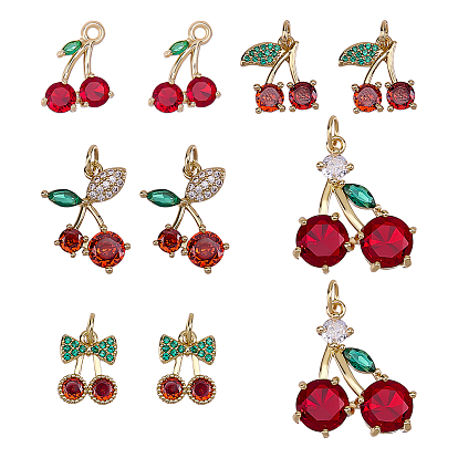 8Pcs 4 Styles Brass Micro Pave Cubic Zirconia Pendants, Cherry Charms
