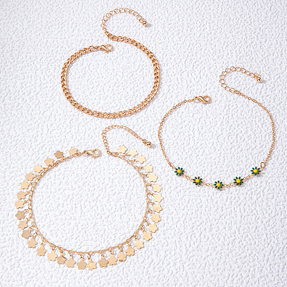 Сплав зеленая эмаль цветок кисточка 3 многослойные браслеты для щиколотки для женщин