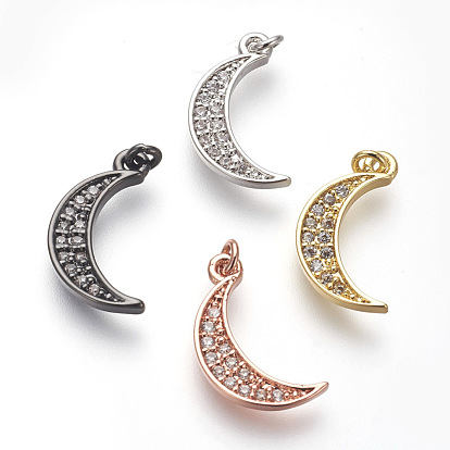 Brass Micro Pave Cubic Zirconia Charms, Lead Free & Cadmium Free, Moon