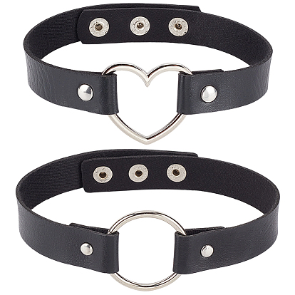 2Pcs 2 Styles Punk Rock Style PU Leather Necklaces, with Alloy Ring and Heart Findings, Platinum