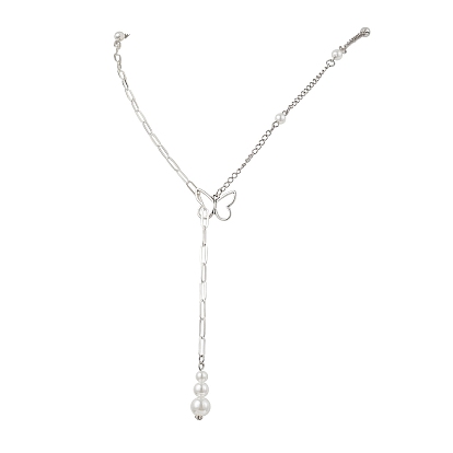 Ожерелья-лариаты из сплава бабочек, Женские ожерелья из пластиковых жемчужин и латунных скрепок, белые