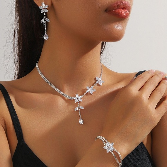 Комплекты из латунных подвесок с микропаве из прозрачных кубических цирконий, серег-гвоздиков и браслетов для женщин