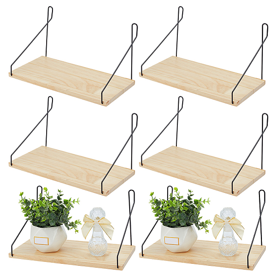 6 Bags Wooden Wall-mounted Storage Rack, with Iron Findings, Rectangle