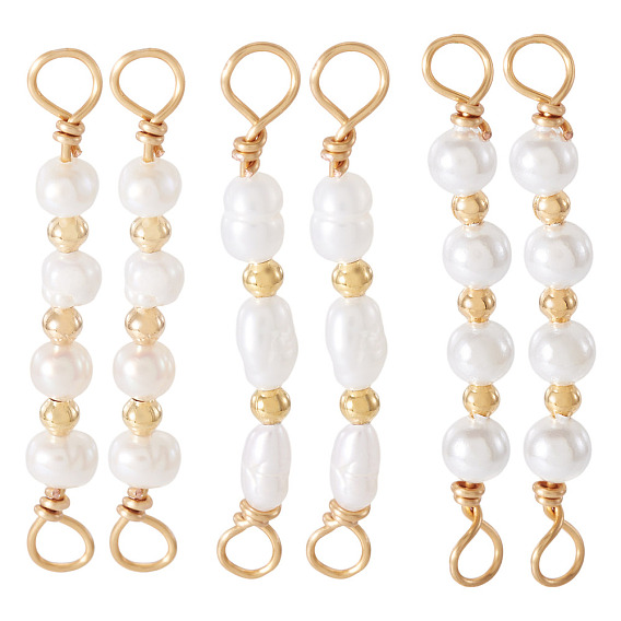 6 шт. 3 стили натуральный культивированный пресноводный жемчуг бусины соединительные подвески, с латунными двойными петлями, белые, разнообразные