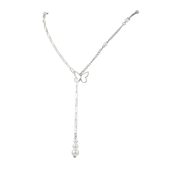 Ожерелья-лариаты из сплава бабочек, Женские ожерелья из пластиковых жемчужин и латунных скрепок, белые