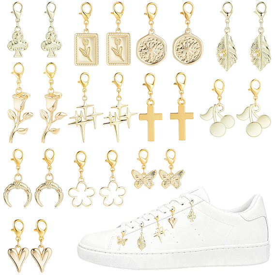 24Pcs 12 Styles Alloy Pendant Decorations, with Alloy Lobster Claw Clasps, Golden