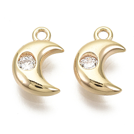 Brass Micro Pave Cubic Zirconia Charms, Moon, Nickel Free, Real 18K Gold Plated