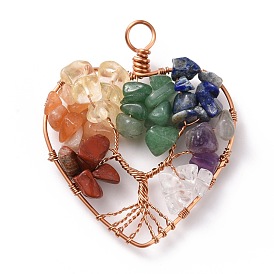 Natural Gmestone Copper Wire Big Pendants, Natural Amethyst & Green Aventurine & Citrine & Lapis Lazuli & Red Jasper & Red Aventurine & Quartz Crystal, Mixed Dyed and Undyed, Heart with Tree